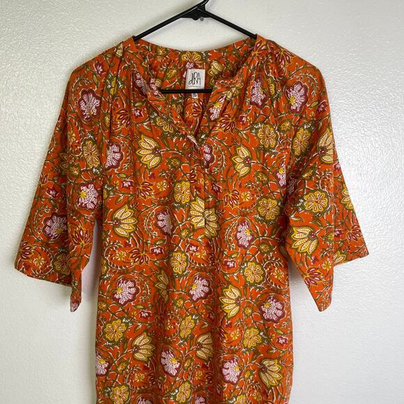 dRa Los Angeles Floral Dress Womens Small Orange 3/4 Sleeve Button Boho Cotton - Picture 9 of 11